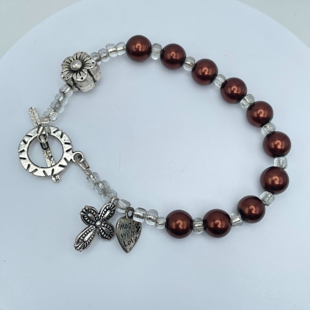 Handcrafted Silver-Tone Glass Brown Pearls Seed Bead Heart Flower Charm Bracelet